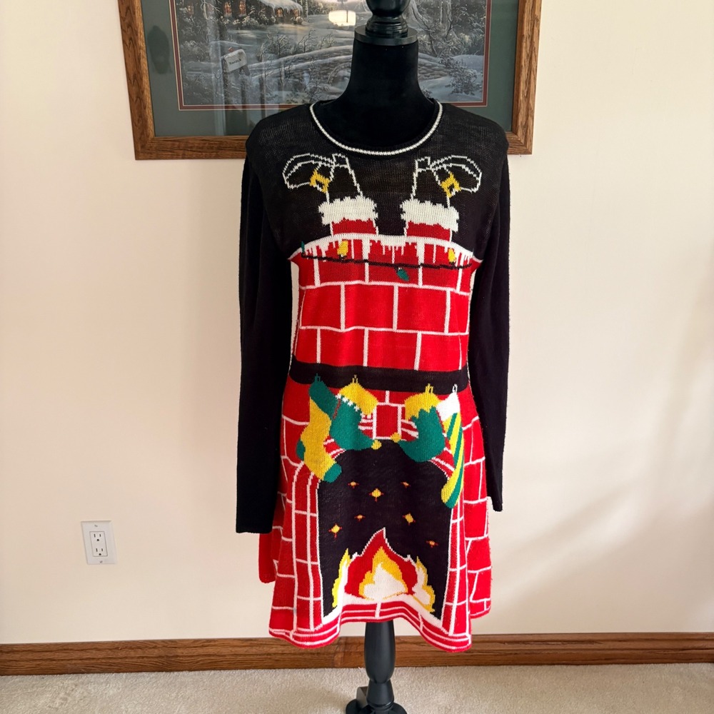 Born Famous Christmas Sweater Dress Womens XL Black Light Up Santa Chimney Knit